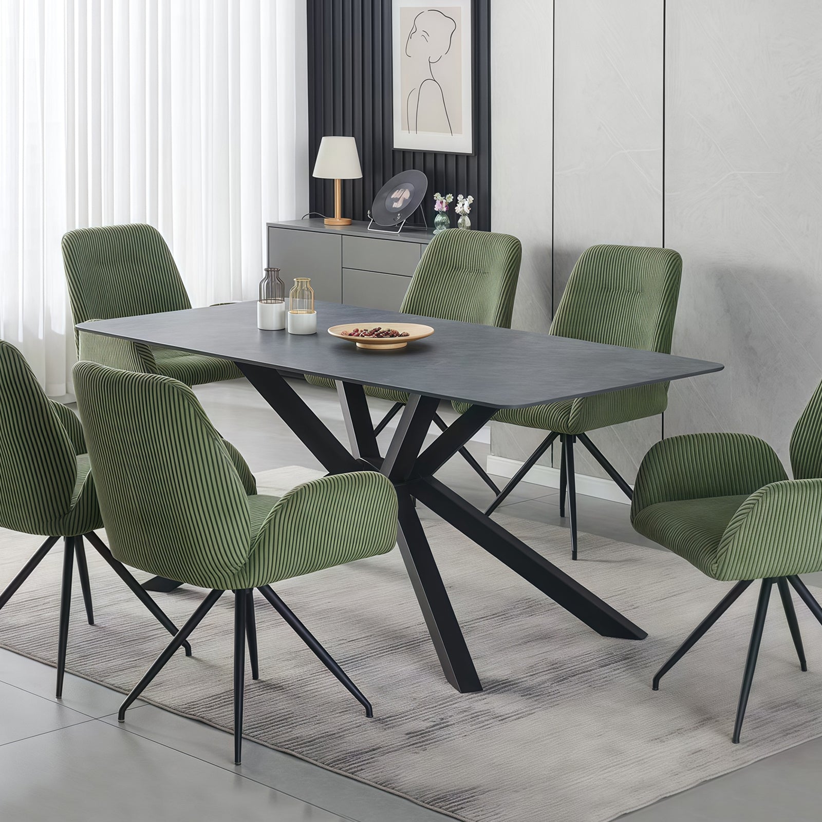 V43-DT-REX-202505051031-00 Dining Table Rectangular Shape Green Sintered Stone Top Powder Coated Iron Legs - Image 1