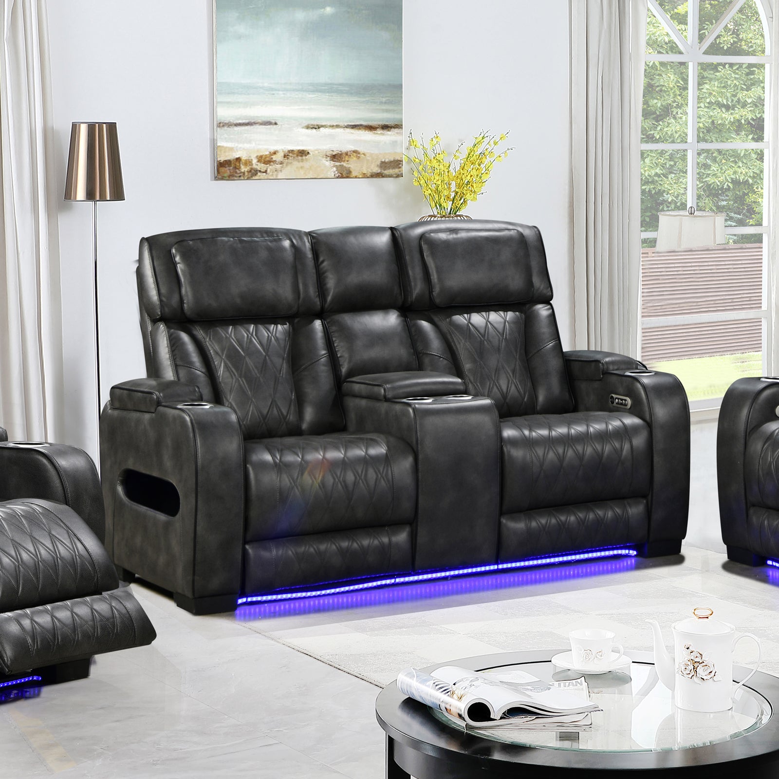 V43-REC-EMP2RGR-202505051033-00 2 Seater Electric Air Leather Dark Grey Recliner - Image 1