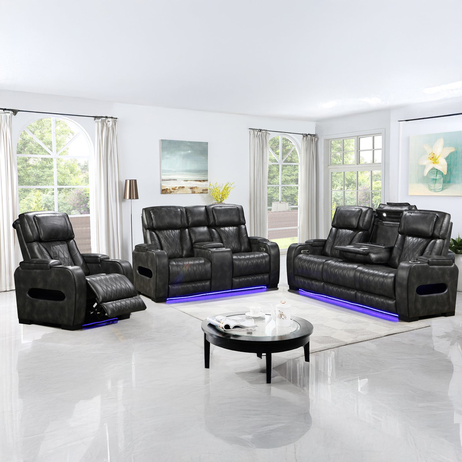 V43-SET-EMP-3R-2R-1RGR-202505051033-00 3-2-1 Seater Electric Air Leather Dark Grey Recliner Set - Image 1