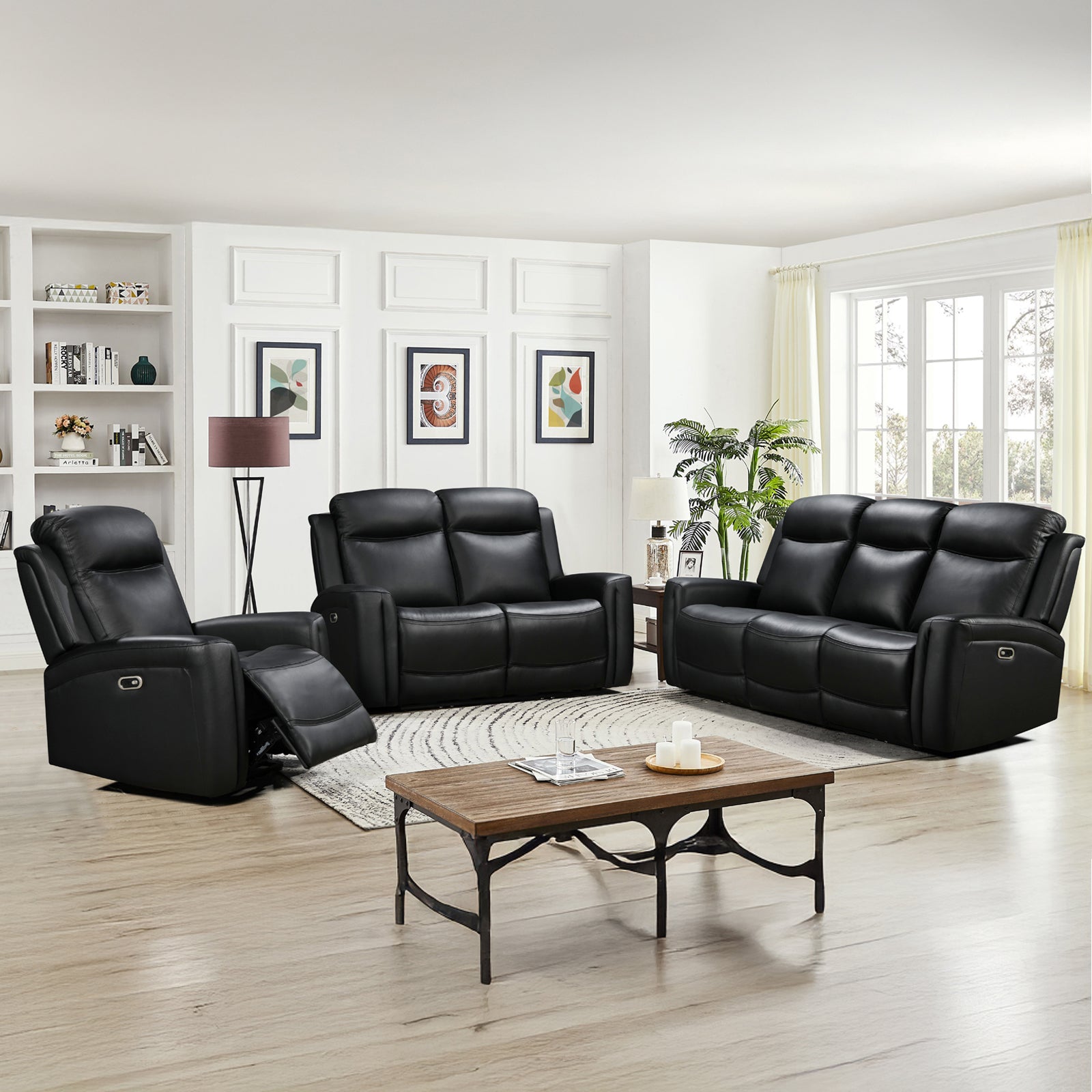 V43-SET-FNX-3R-2RBL-202505051035-00 3-2 Seater Electric Leather/PVC Black Recliner Set - Image 1