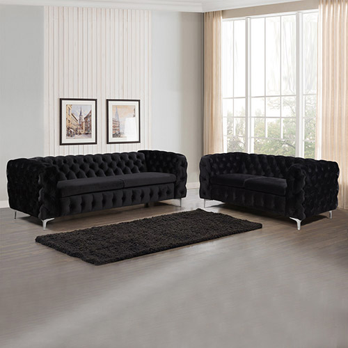 V43-SET-JAQS-3_2-BL-09_7 3+2 Seater Sofa Classic Button Tufted Lounge in Black Velvet Fabric with Metal Legs - Image 1