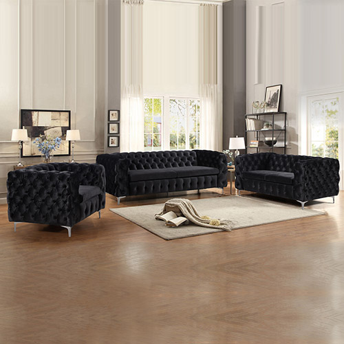 V43-SET-JAQS-3_2_1-BL-09_7 3+2+1 Seater Sofa Classic Button Tufted Lounge in Black Velvet Fabric with Metal Legs - Image 1