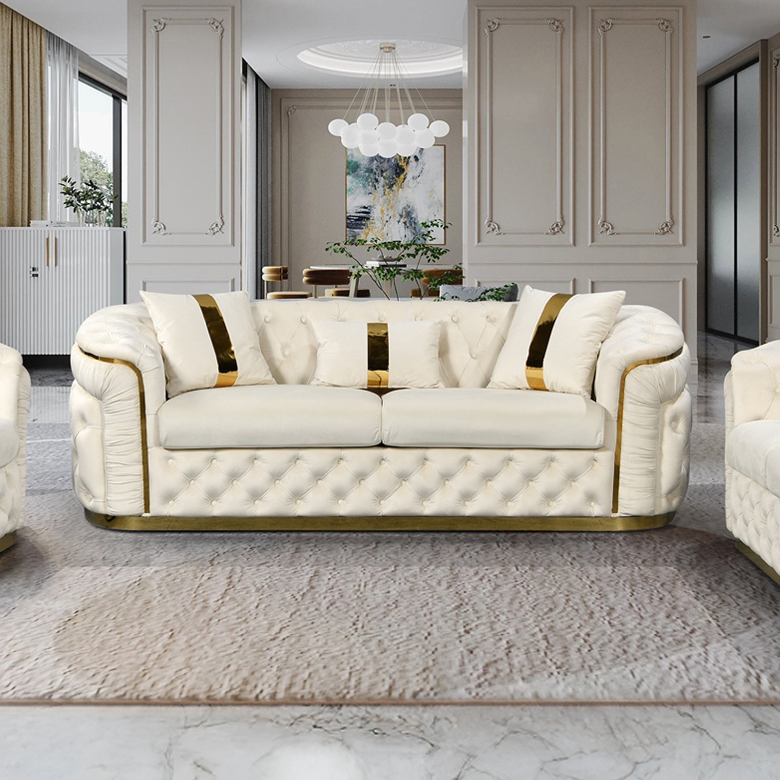 V43-SOF-DUK3SBG-202502240959-00 3 Seater Sofa Beige Velvet Fabric Solid Wood construction Gold Stainless Steel Trim - Image 1