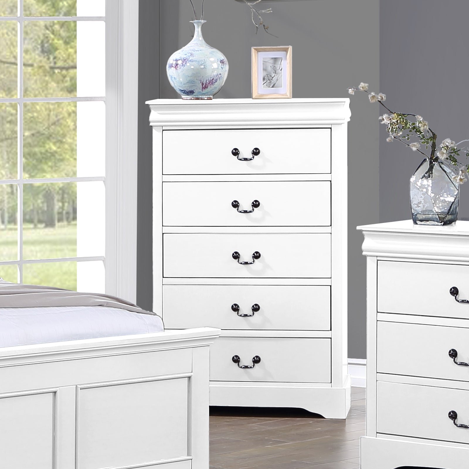 V43-TBY-SPNC-WH-202502241005-00 Tallboy with 5 Storage Drawers in Solid Wooden Metal Handles White Colour - Image 1