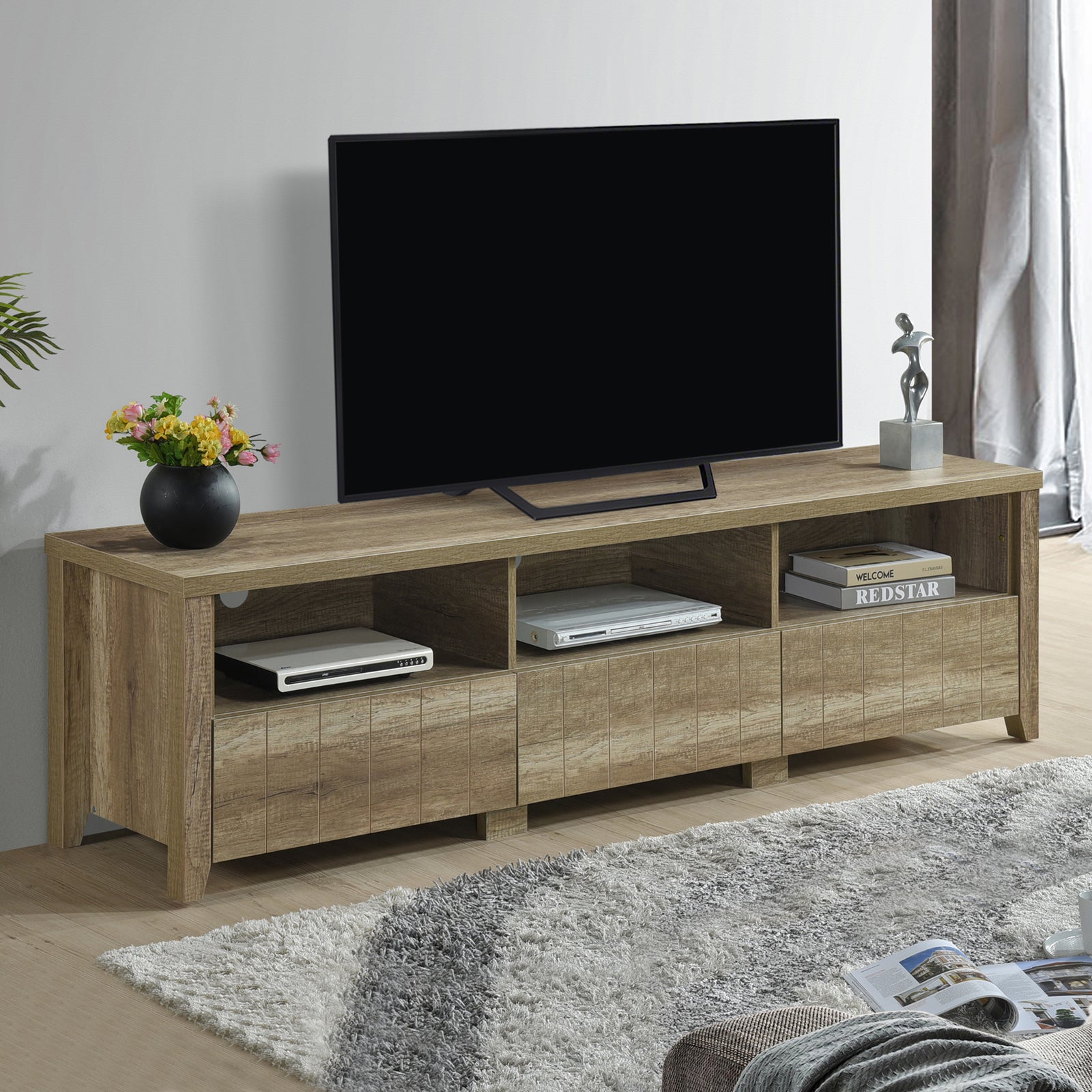 V43-TV-CELOAK3S-202505131821-00 TV Cabinet 3 Storage Drawers with Shelf Natural Wood like MDF Entertainment Unit in Oak Colour - Image 1