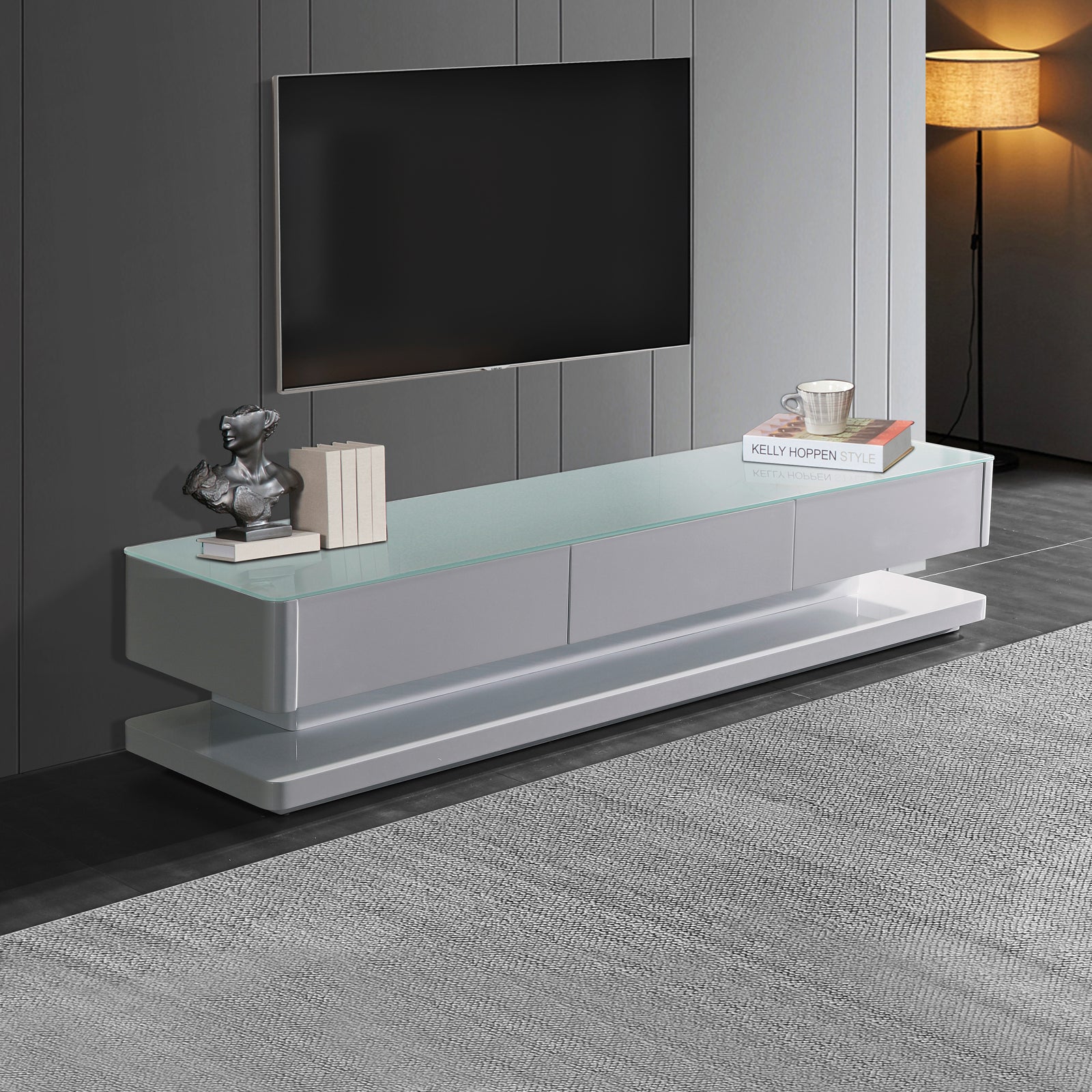 V43-TVC-SUP-WH-202505131825-00 TV Cabinet with 3 Storage Drawers With High Glossy Assembled Entertainment Unit in White colour - Image 1