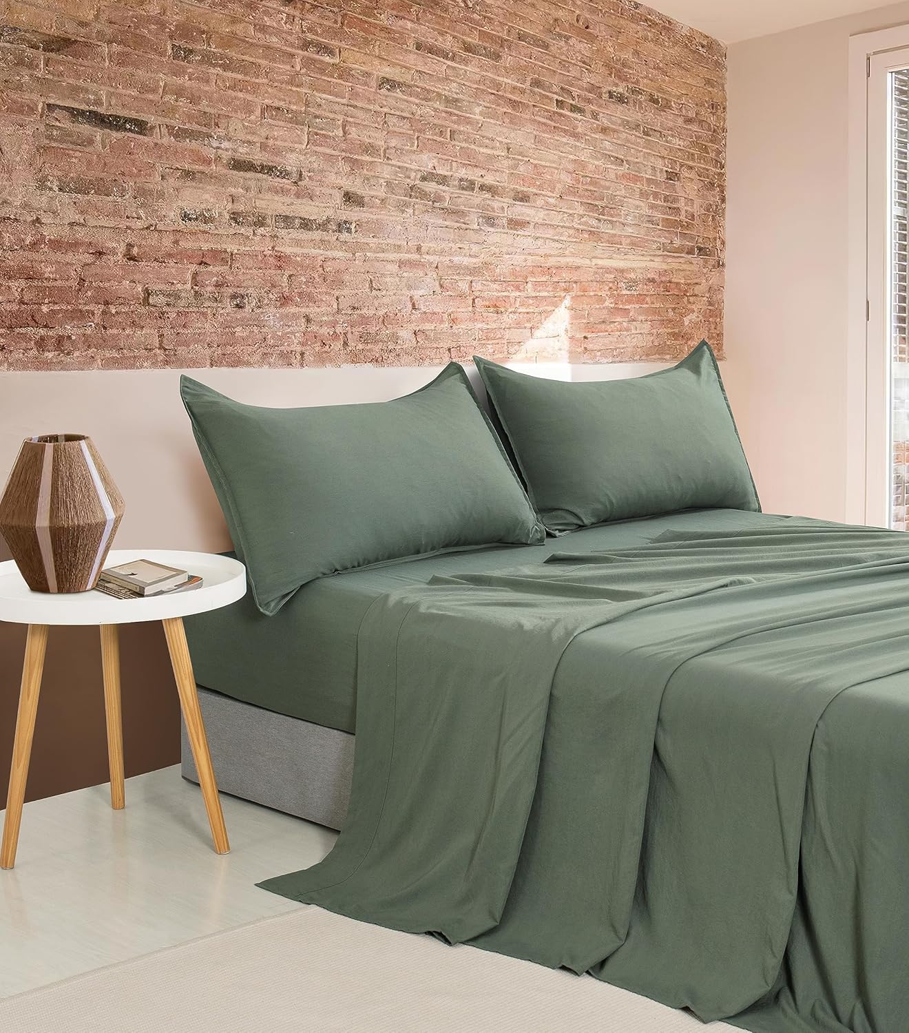 V439-ASSTKHAKIWM-191248-00 Vintage Washed Microfibre Sheet Set with 1 Pillowcase - Khaki Green - Single - Image 1