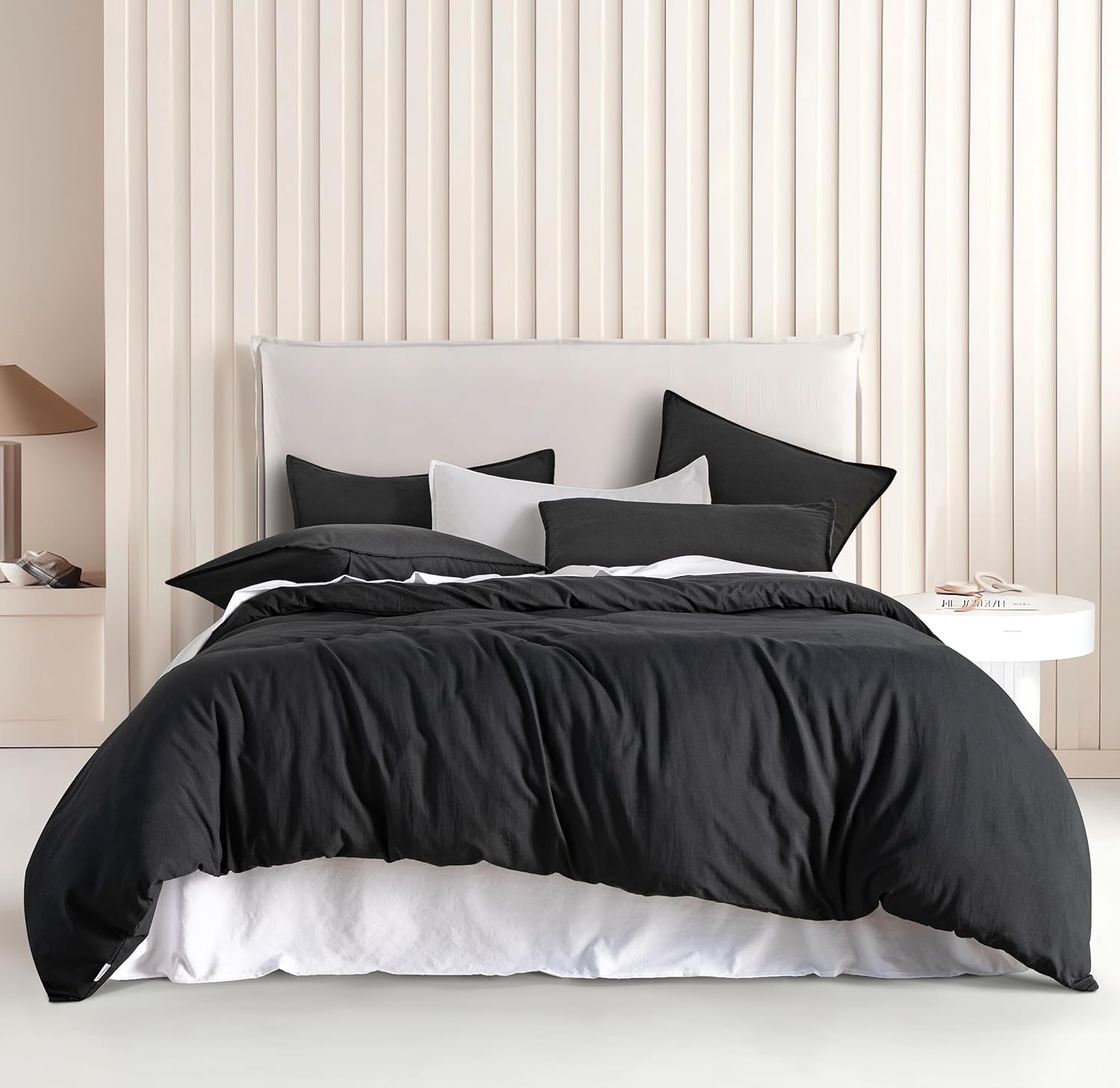 V439-CQSBLACKWM-191157-00 Vintage Washed Microfibre Quilt Cover Set (3Pcs) - Black - Queen Size - Image 1