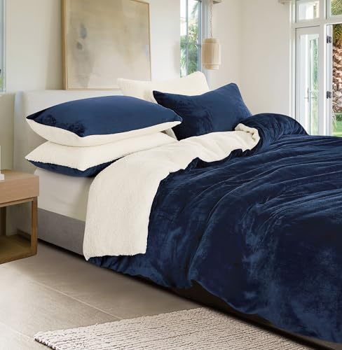 Version 1.0.0 2-in-1 Teddy Sherpa Quilt Cover Set (Navy Blue, Queen) - Image 1