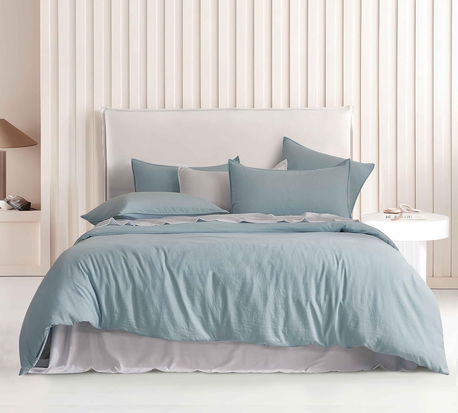 V439-DQSBLUEWM-218378-00 Vintage Washed Microfibre Quilt Cover Set (Blue, King) - Image 1