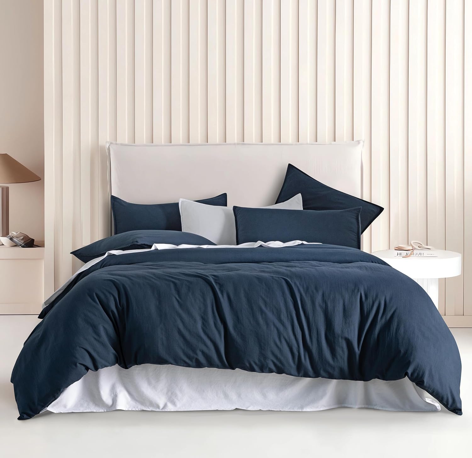 V439-DQSNAVYWM-191171-00 Vintage Washed Microfibre Quilt Cover Set (3Pcs) - Navy - King Size - Image 1