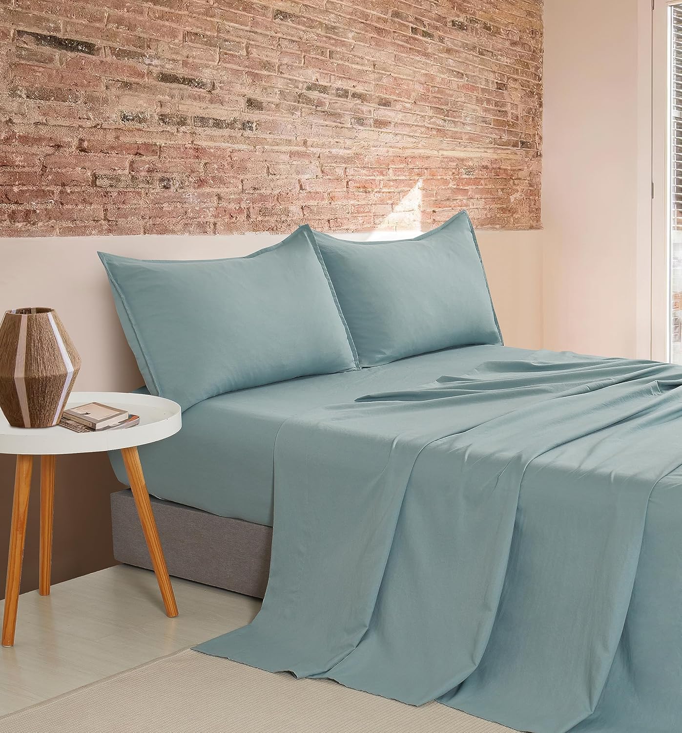 V439-DSSTSEAFOAMWM-191275-00 Vintage Washed Microfibre Sheet Set with 2 Pillowcases - Seafoam - King - Image 1