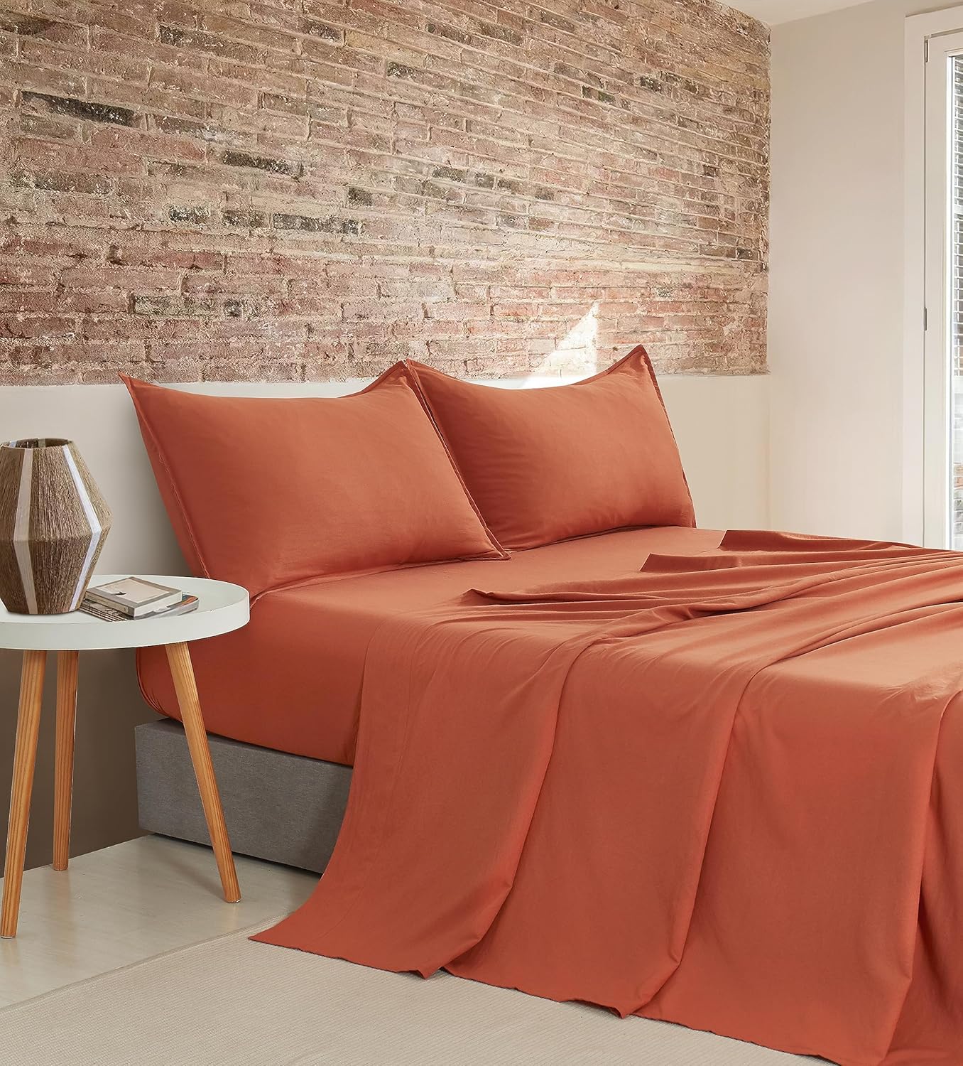 V439-DSSTTERRAWM-191276-00 Vintage Washed Microfibre Sheet Set with 2 Pillowcases - Terracotta - King - Image 1