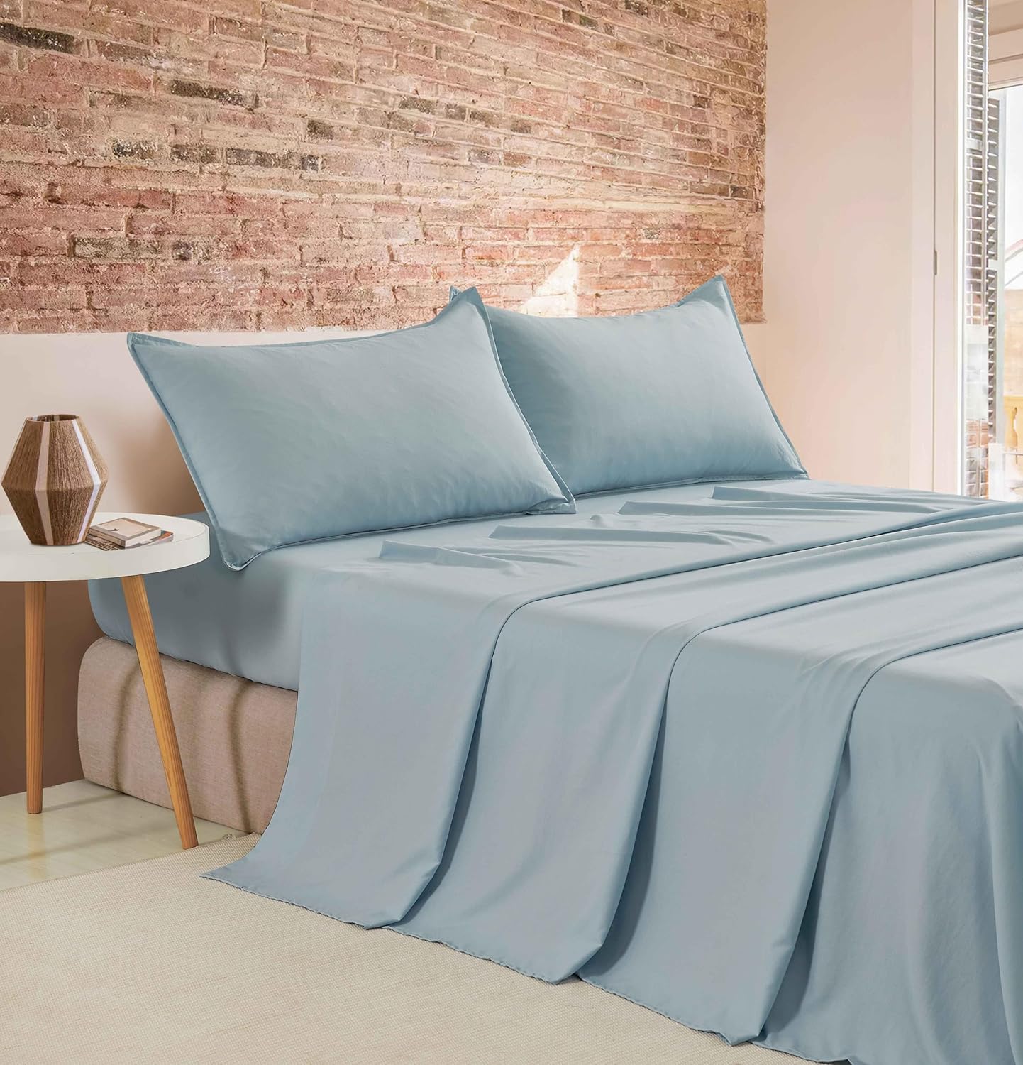 V439-KSSSTBLUEWM-218338-00 Vintage Washed Microfibre Sheet Set (Blue, King Single) - Image 1