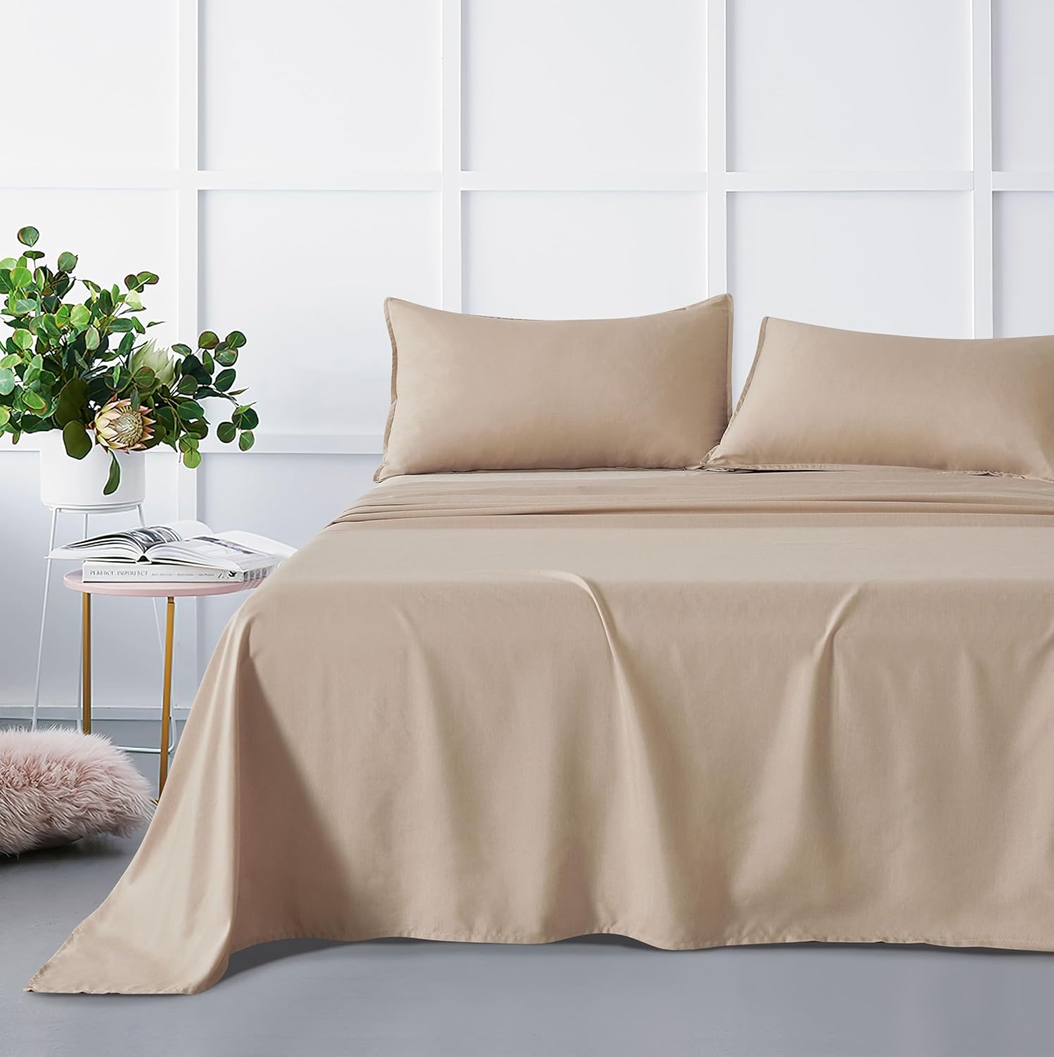 V439-KSSTBAMPOLYLINEN-210919-00 Bamboo Microfibre Sheet Set - Linen - King Single - Image 1
