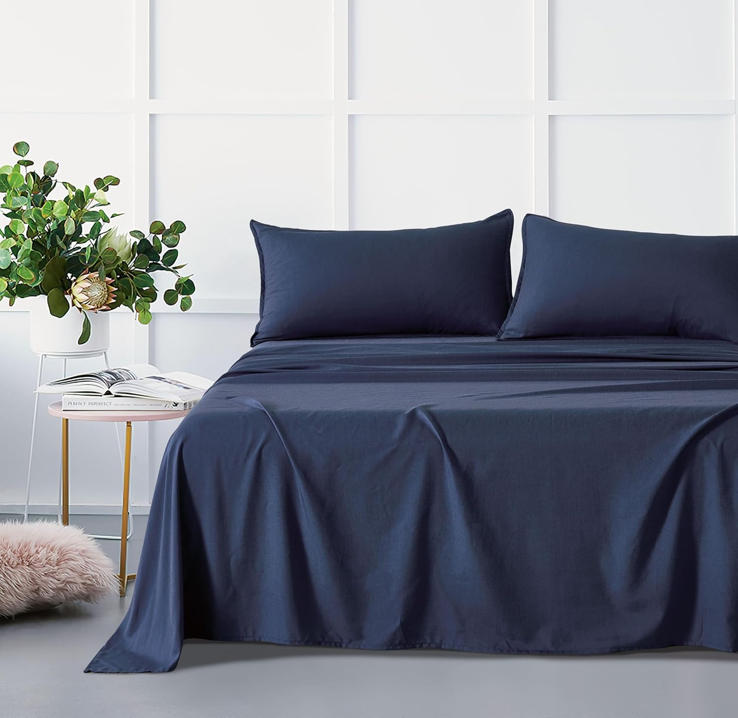 V439-KSSTBAMPOLYNAVY-210914-00 Bamboo Microfibre Sheet Set - Navy - King Single - Image 1