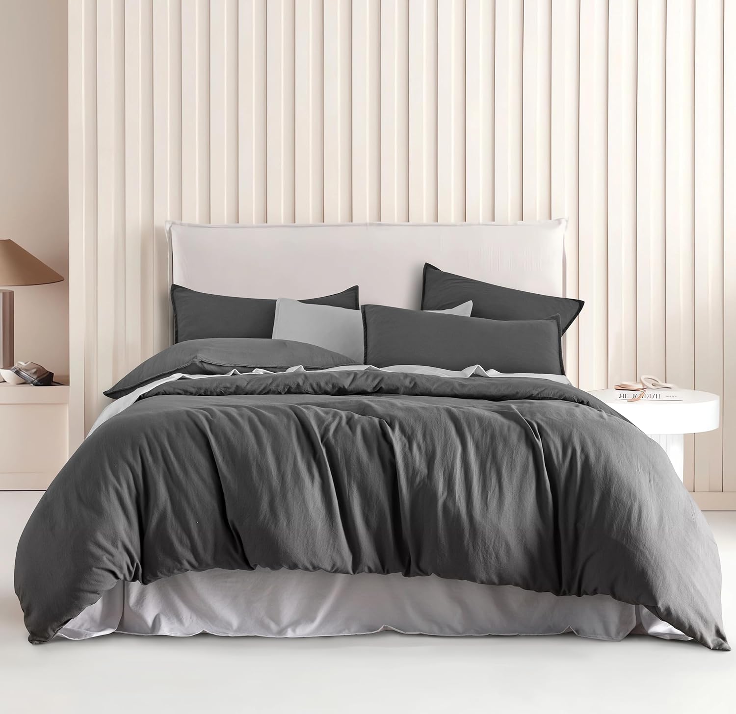 V439-SKQSGREYWM-191176-00 Vintage Washed Microfibre Quilt Cover Set (3Pcs) - Grey - Super King Size - Image 1
