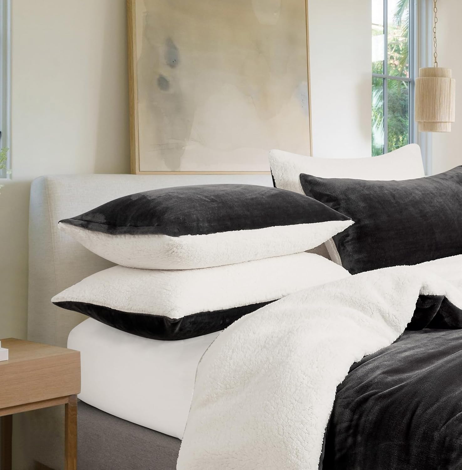 V439-SPSHERPACC-202506241231-00 Teddy Sherpa Twin-Pack Standard Pillowcases - Soft Reversible Velvet & Sherpa Cushion Covers - Machine Washable with Zipper Closure - 48x73cm - Charcoal - Image 1