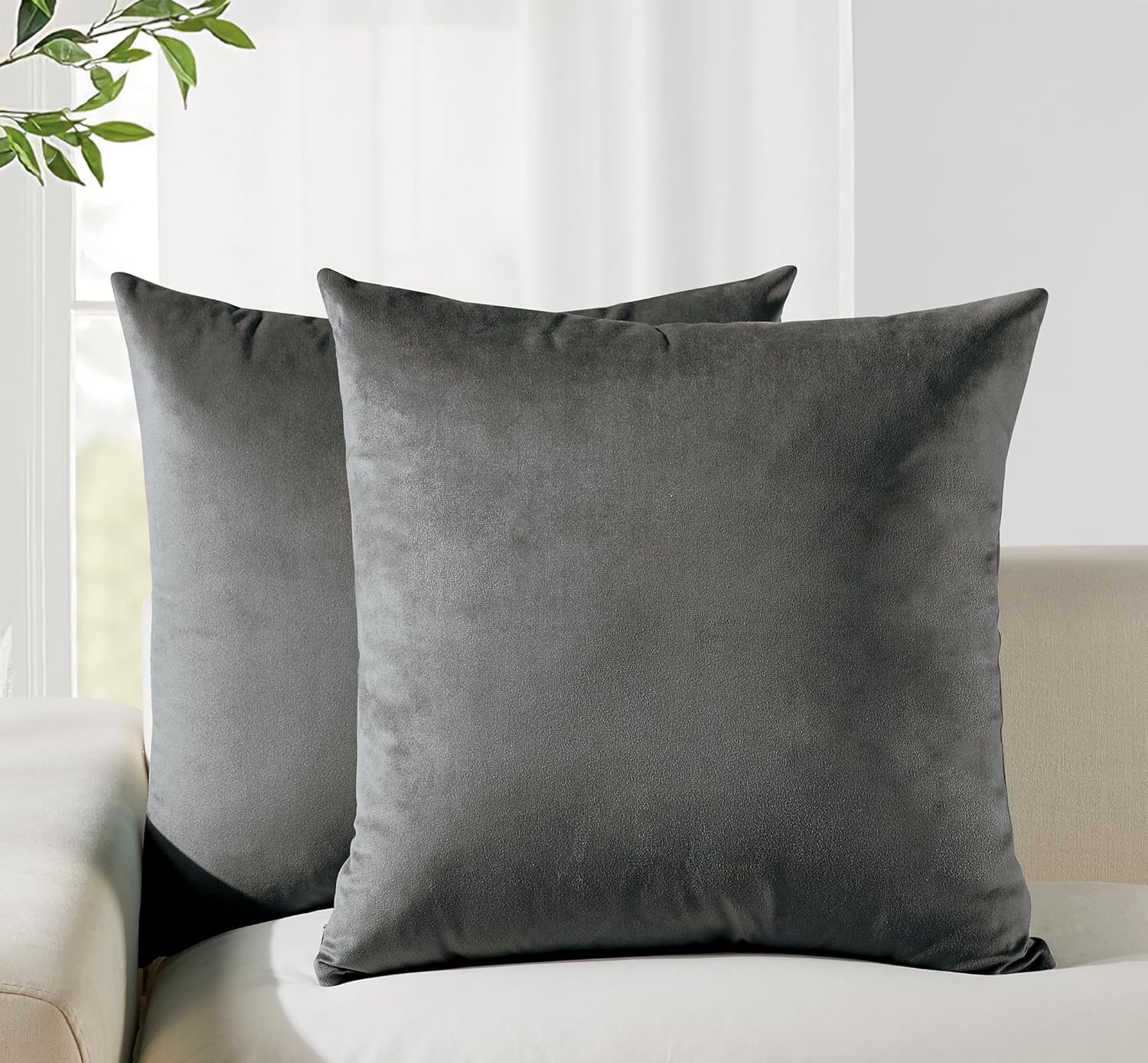 V439-VEL-DARKGREY-45-202506190410-00 Twin-Pack Velvet Cushion Covers - Soft Microfibre Cushion Covers with Hidden Zipper (Dark Grey, 45cm*45cm) - Image 1