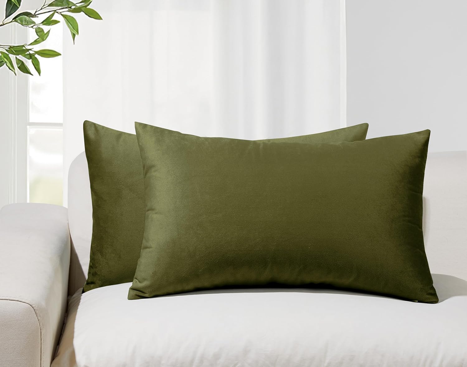 V439-VEL-OLIVE-30-202506190353-00 Twin-Pack Velvet Cushion Covers - Soft Microfibre Cushion Covers with Hidden Zipper (Olive Green, 30cm*50cm) - Image 1
