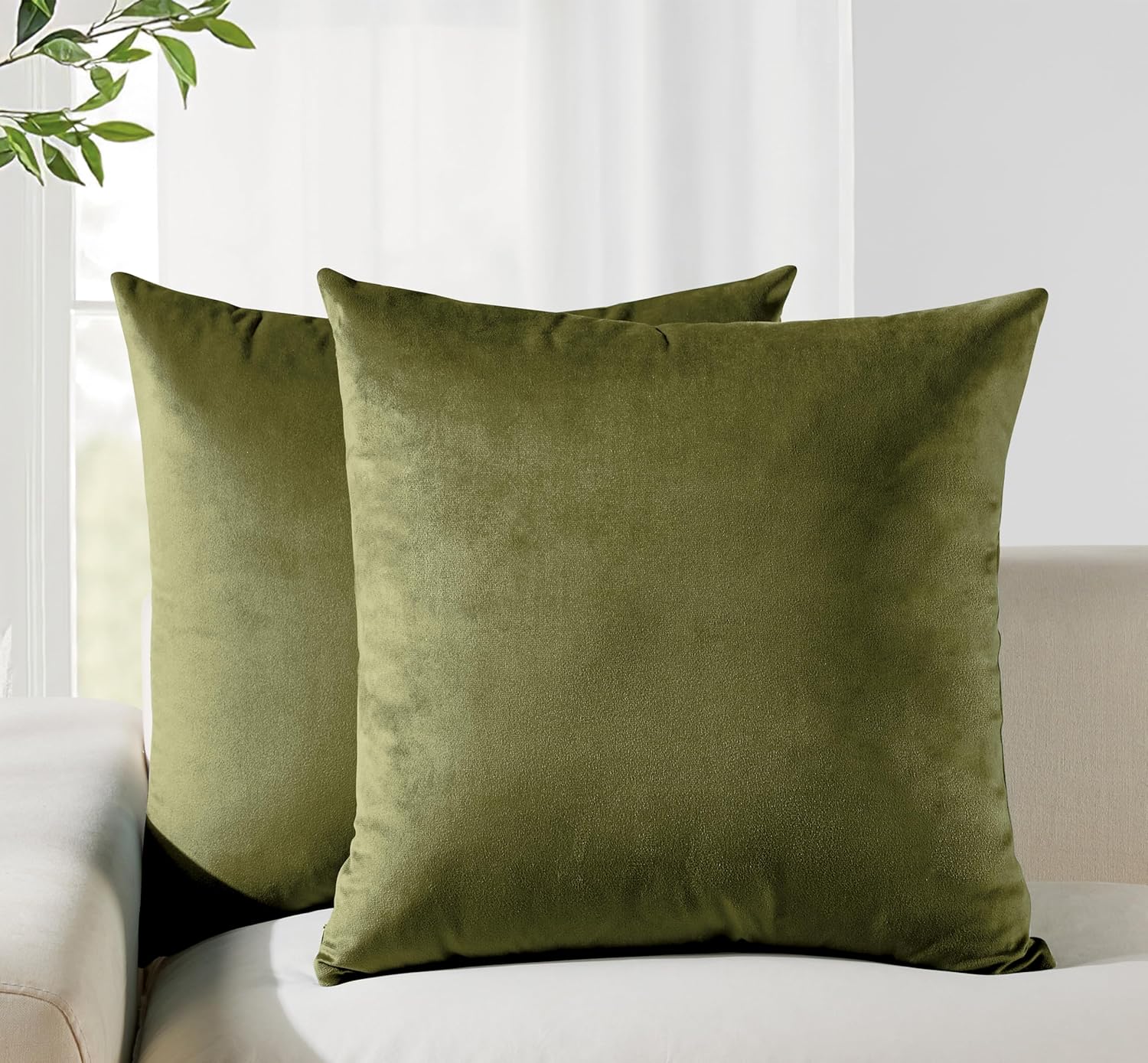 V439-VEL-OLIVE-65-202506190347-00 Twin-Pack Velvet Cushion Covers - Soft Microfibre Cushion Covers with Hidden Zipper (Olive Green, 65cm*65cm) - Image 1