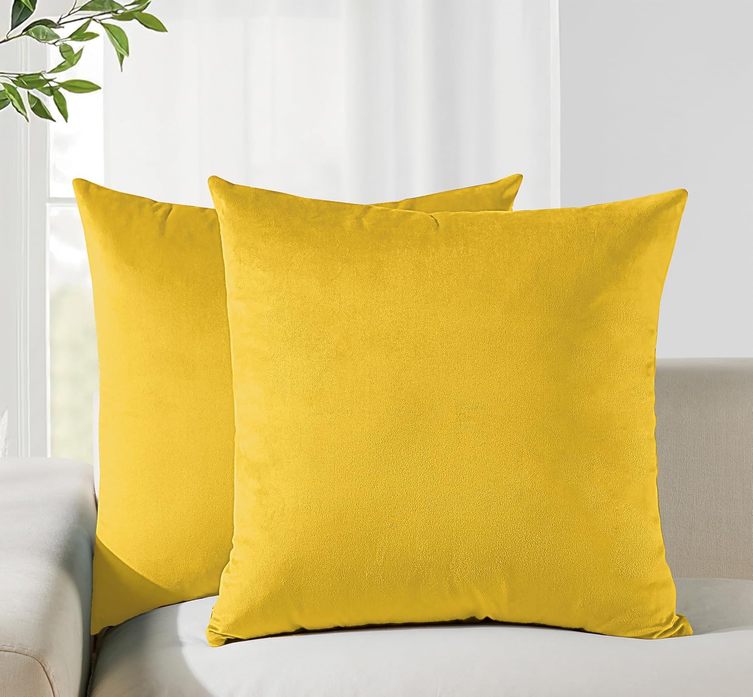 V439-VEL-YELLOW-45-202509051149-00 Twin-Pack Velvet Cushion Covers - Soft Microfibre Cushion Covers with Hidden Zipper (Yellow, 45cm*45cm) - Image 1