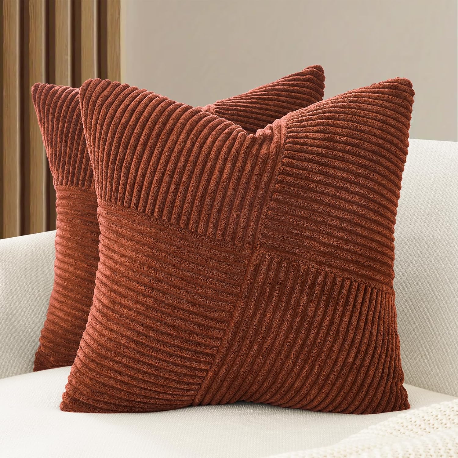 V439-WINDBRICK2-45-202506190415-00 Corduroy Cushion Covers - Soft Velvet Fabric with Windmill-Inspired Pattern and Hidden Zipper Design - Brick, 45cm x 45cm (Twin Pack) - Image 1