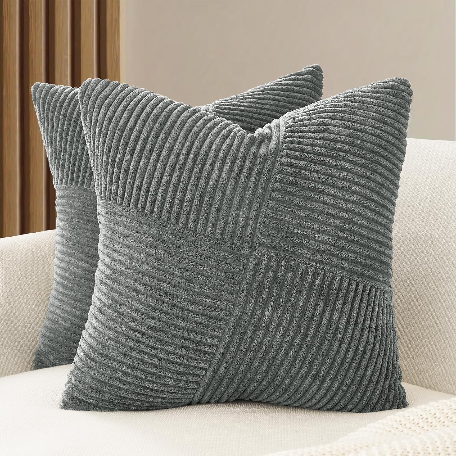 V439-WINDGREY2-45-202506190415-00 Corduroy Cushion Covers - Soft Velvet Fabric with Windmill-Inspired Pattern and Hidden Zipper Design - Dark Grey, 45cm x 45cm (Twin Pack) - Image 1