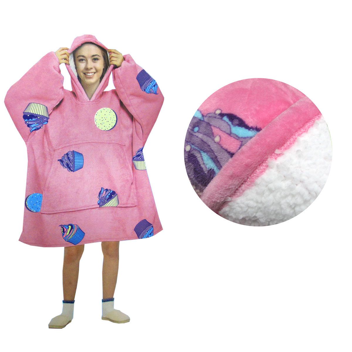 V442-ABR-BLANKET-ADULTHOODIECUPCAKES-PINK-SH-96619-00 Blanket Hoodie with Sherpa Reverse Pink Cupcakes - Image 1