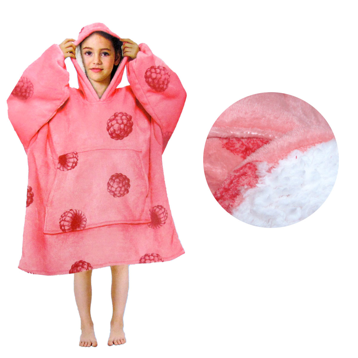 V442-ABR-BLANKET-GHOODIERASPBERRY-PINK-SH-96965-00 Girls Comfy Warm Blanket Hoodie with Sherpa Fleece Reverse Raspberry - Image 1