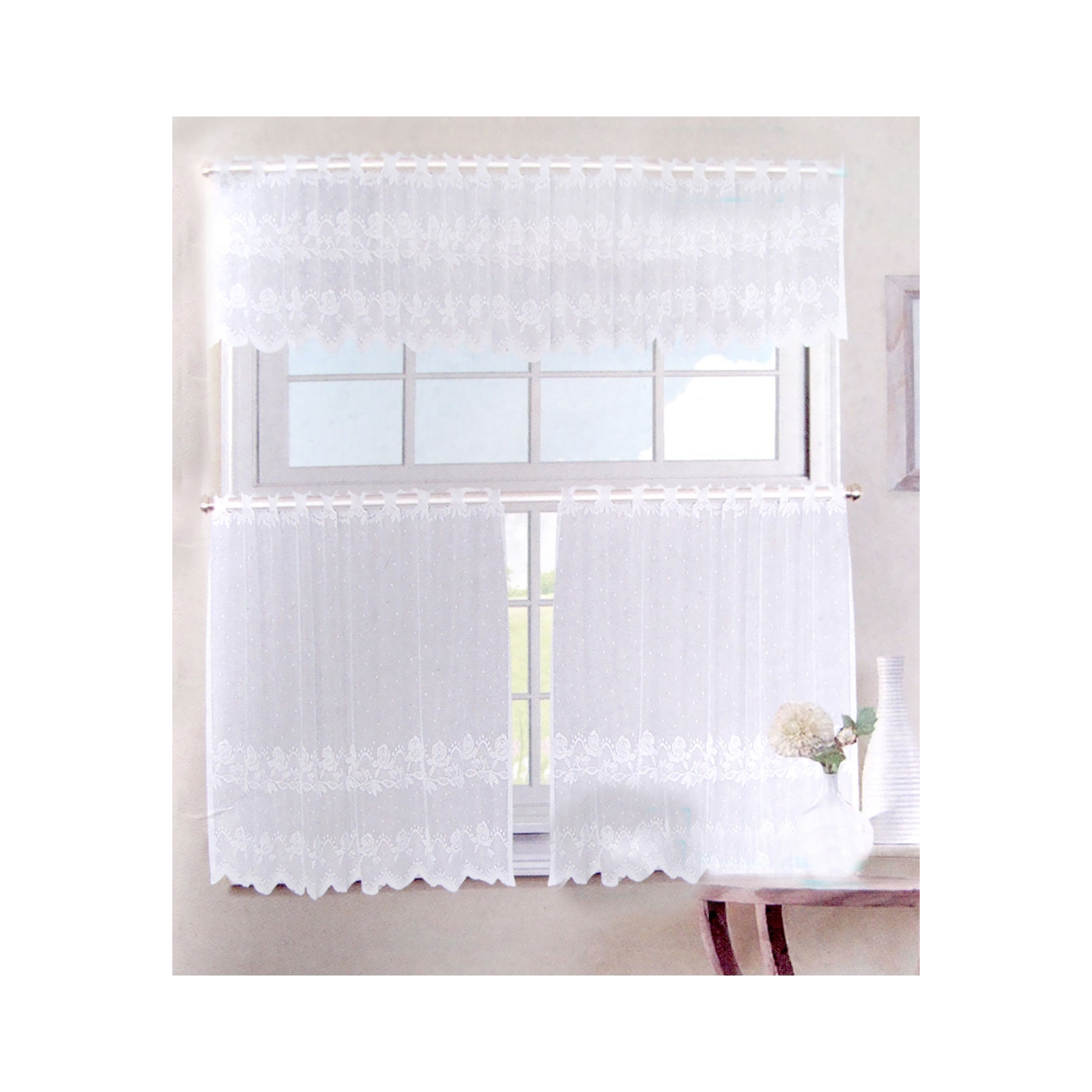 V442-ABR-CURTAIN-3PCEROSE-WHITE-RE-96323-00 3 Pce Cafe Rose Lace Curtain Set - Image 1
