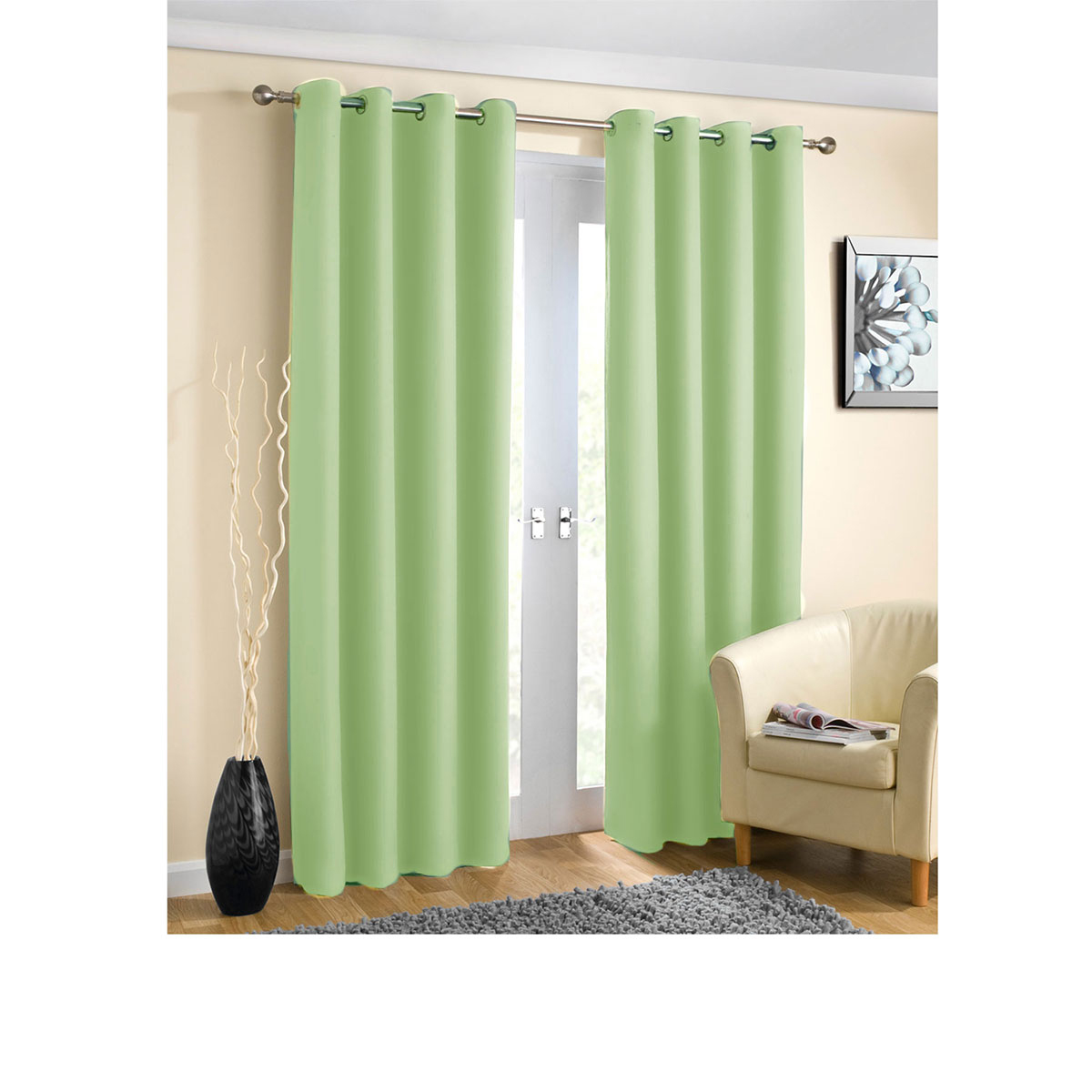 V442-ABR-CURTAIN-PLAINEYELET-SAGE-RE-150533-00 Pair of Blockout Plain Eyelet Curtains Sage - Image 1