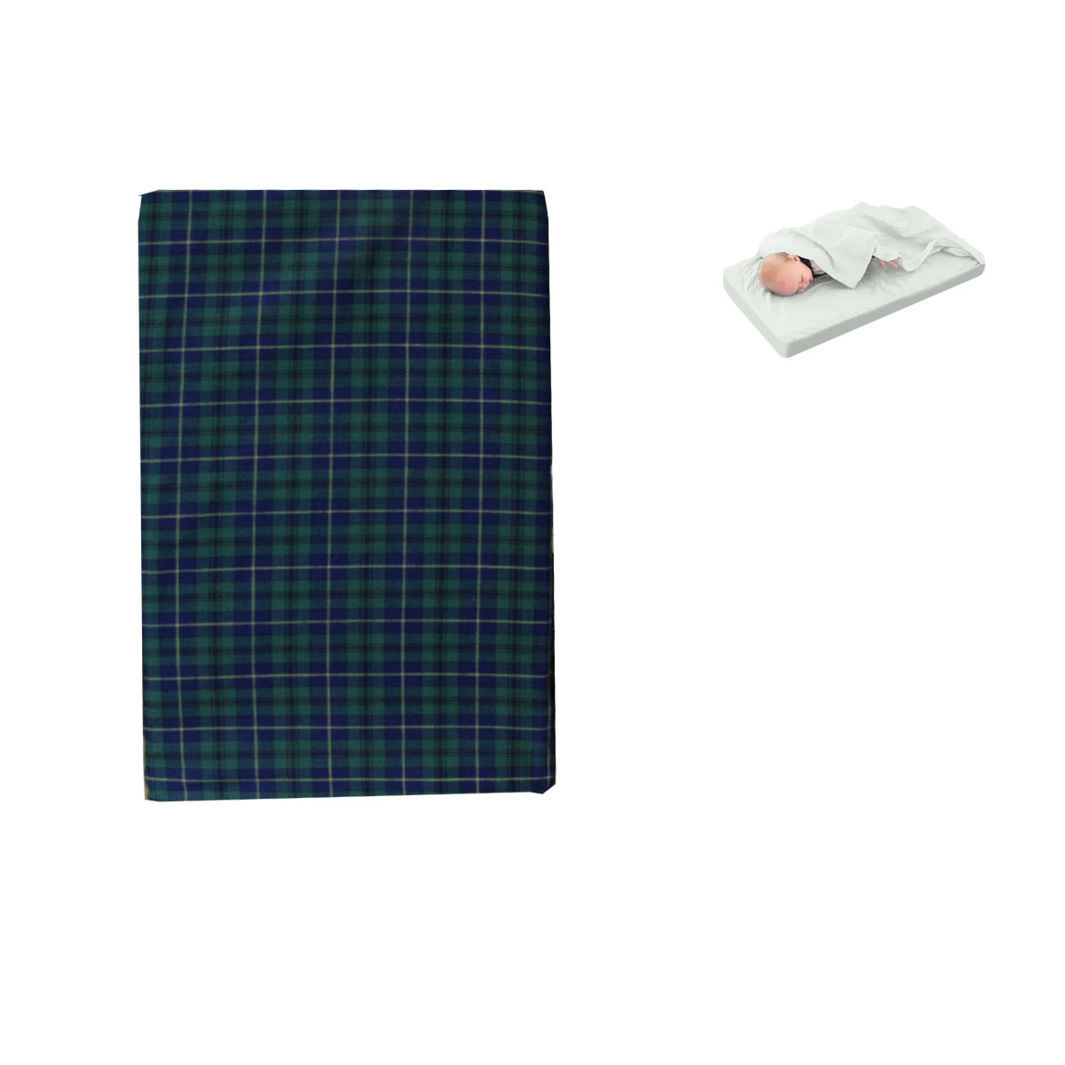 V442-ABR-FITTEDS-BASSINETTARTAN-BLUE-CT-183739-00 Tartan Blue Green Bassinet Fitted Sheet with a Flat Sheet Sewed Attached - Image 1