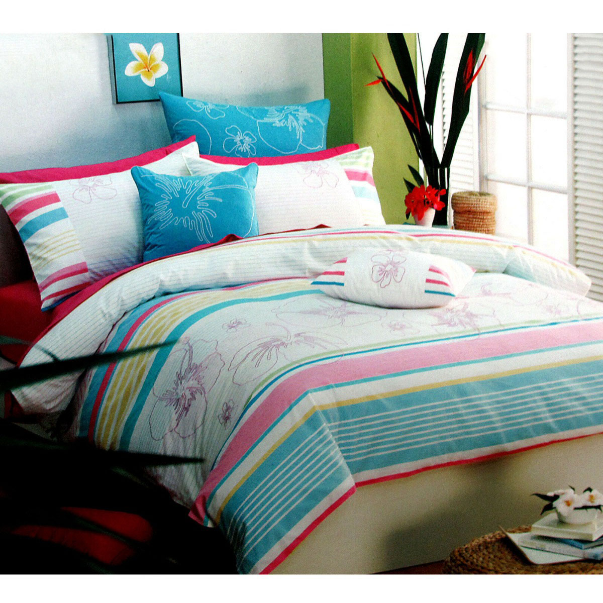 V442-ABR-QUILTCS-PALILA-AQUA-QS-97035-00 250TC Cotton Palila Yarn Dyed Aqua Quilt Cover Set Queen - Image 1