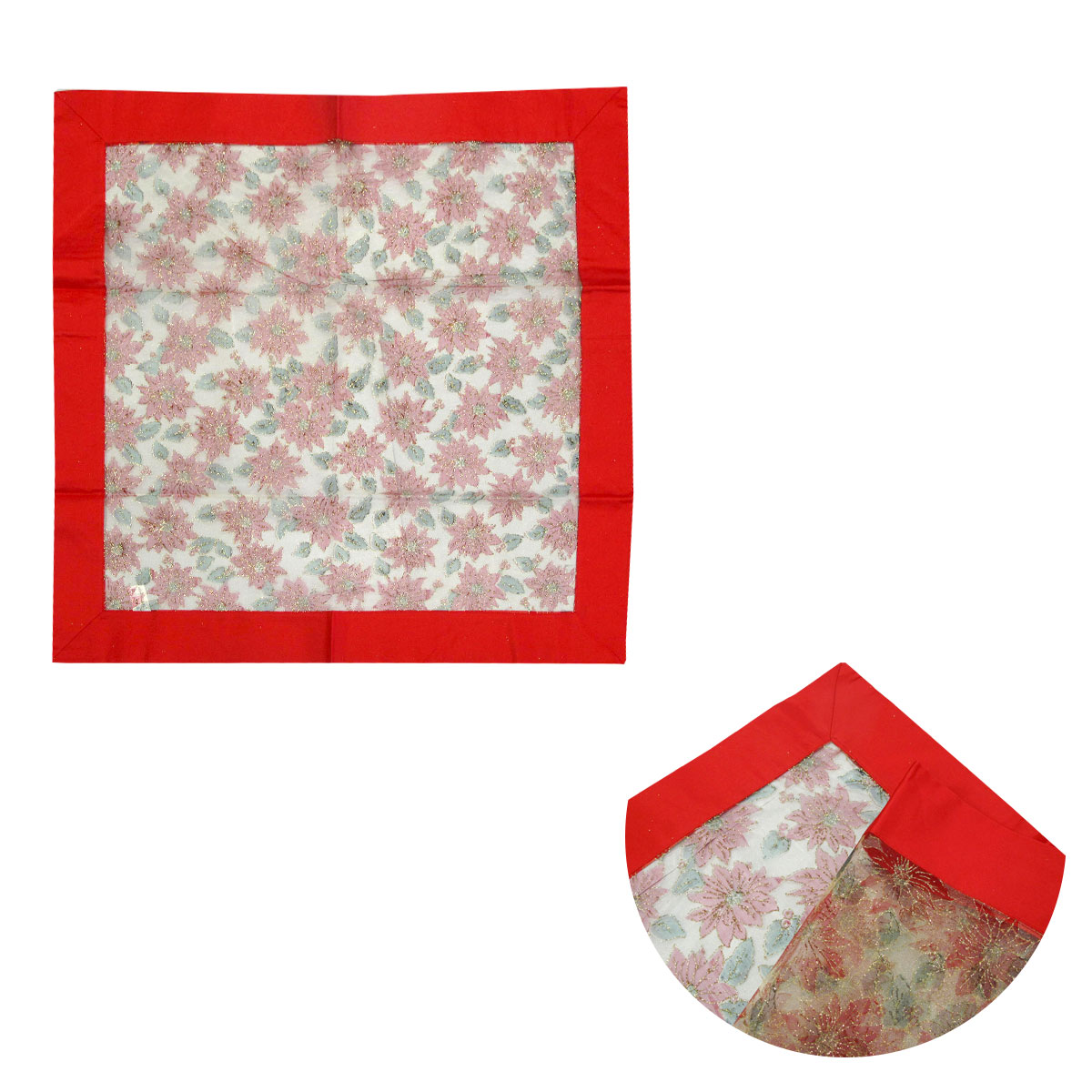 V442-ABR-TABLEC-TOPPERJOYFULFLORAL-RED-SQ-96779-00 Christmas Red Joyful Floral Sheer Organza Glitter Table Cloth Topper 90 x 90 cm - Image 1