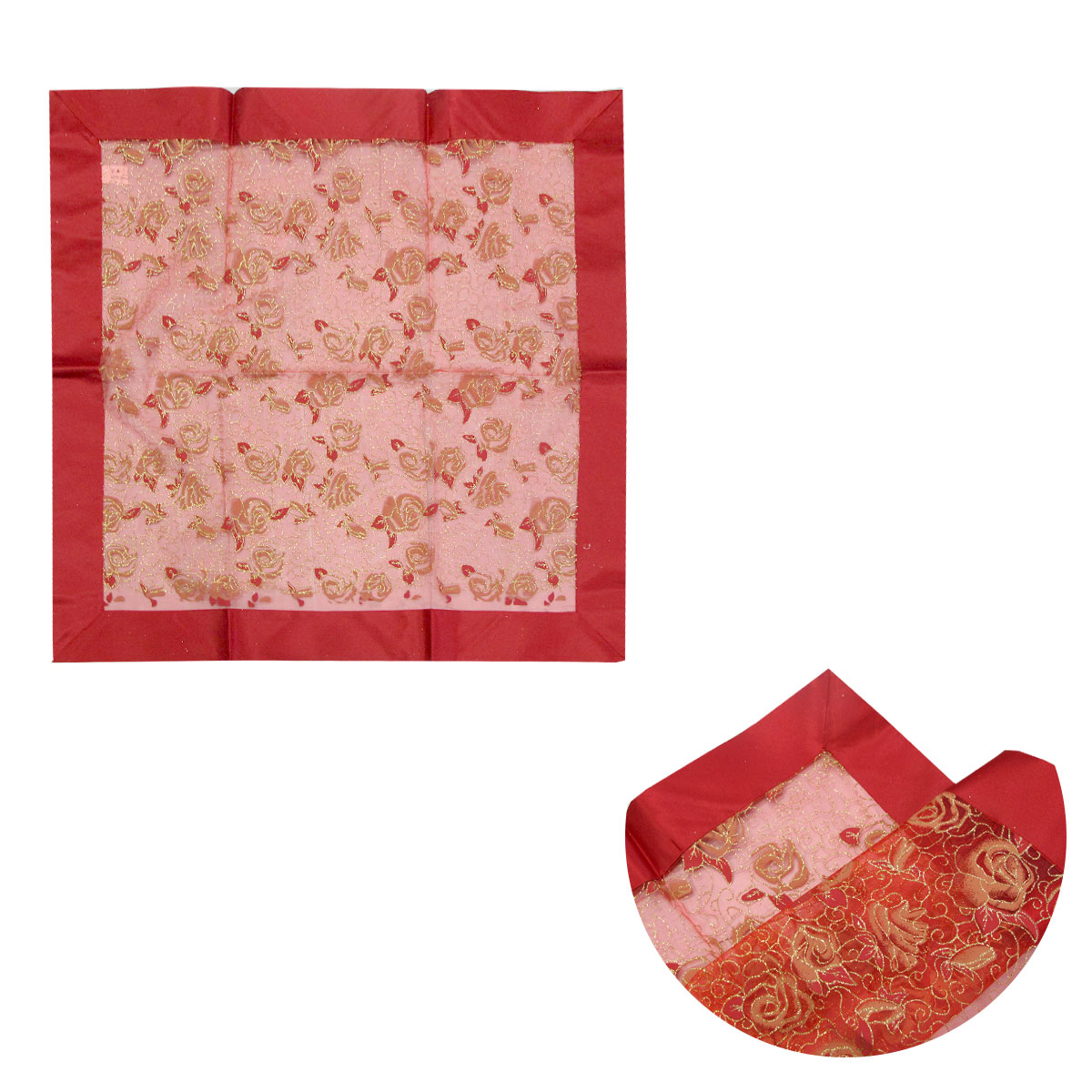 V442-ABR-TABLEC-TOPPERROSIE-RED-SQ-96776-00 Christmas Red Rosie Sheer Organza Glitter Table Cloth Topper 90 x 90 cm - Image 1