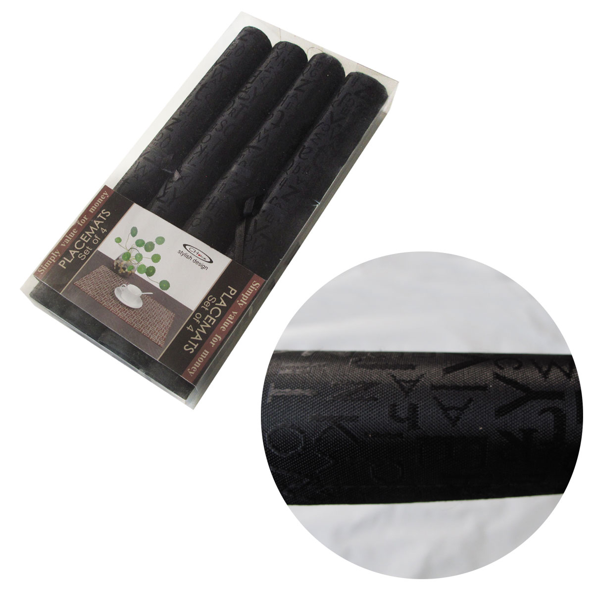 V442-ABR-TABLEPLACEMAT-LETTER-BLACK-RE-96845-00 Set of 4 Jacquard Satin Letters Table Placemats Black 30 x 45cm - Image 1