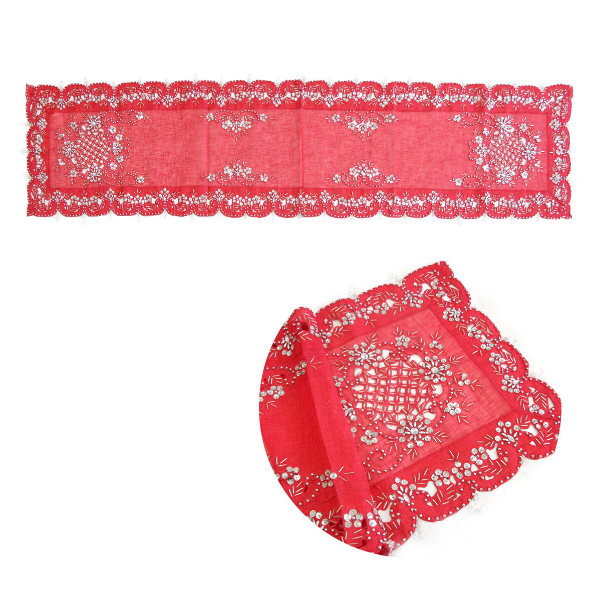 V442-ABR-TABLER-AURORA180CM-RED-RE-96771-00 Aurora Beaded Table Runner Diamonte Sequin 40 x 180 cm Red - Image 1