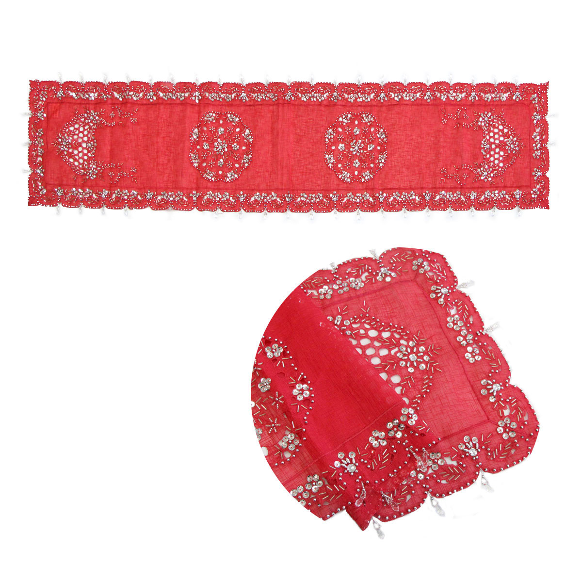 V442-ABR-TABLER-STELLA180CM-RED-RE-96770-00 Stella Beaded Table Runner Diamonte Sequin 40 x 180 cm Red - Image 1
