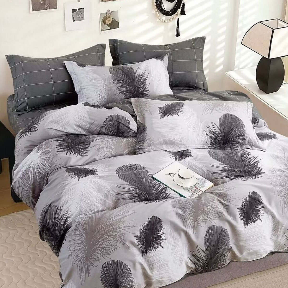 V442-ATX-QUILTCS-300TCHEIDI-GREY-QS-191797-00 300TC Heidi Grey Reversible Cotton Quilt Cover Set Queen - Image 1