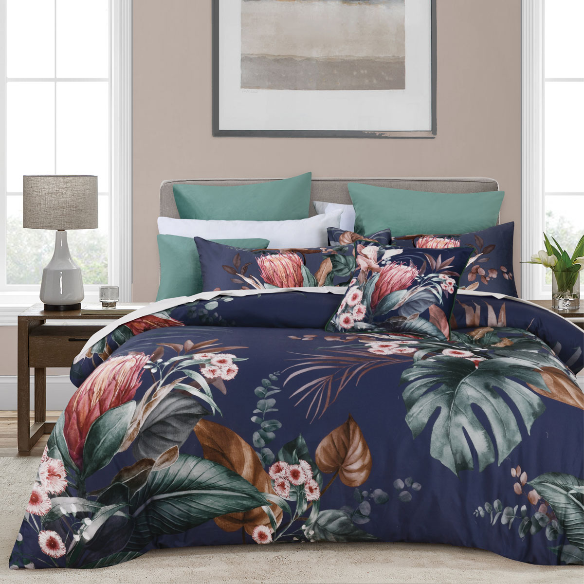 V442-BCA-QUILTCS-BALWYN-NAVY-KI-202505231017-00 Bianca Balwyn Navy Cotton Sateen Botanical Quilt Cover Set King - Image 1