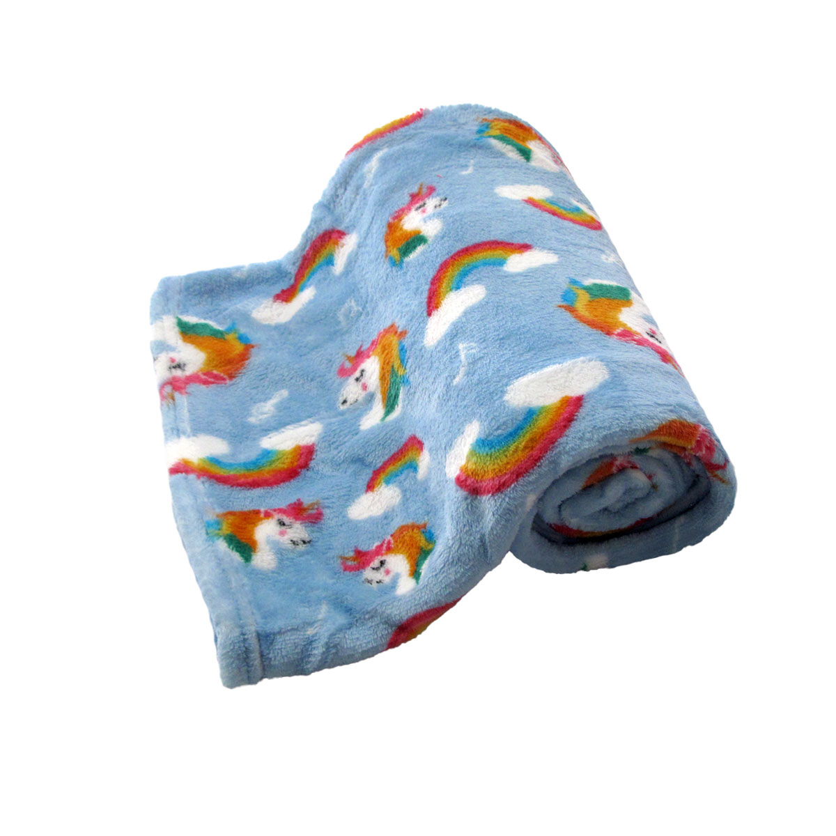 V442-BZO-THROW-CORALRAINBOWUNICORNS-BLUE-RE-97864-00 190GSM Girls Cute Ultra Soft Coral Fleece Throw 127 x 152cm Rainbow Unicorns - Image 1