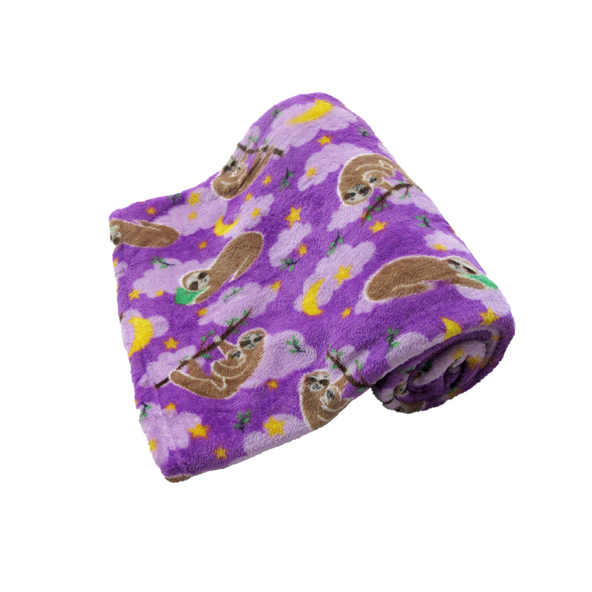 V442-BZO-THROW-CORALSLEEPINGSLOTHS-PURPLE-RE-97865-00 190GSM Girls Cute Ultra Soft Coral Fleece Throw 127 x 152cm Sleeping Sloths - Image 1