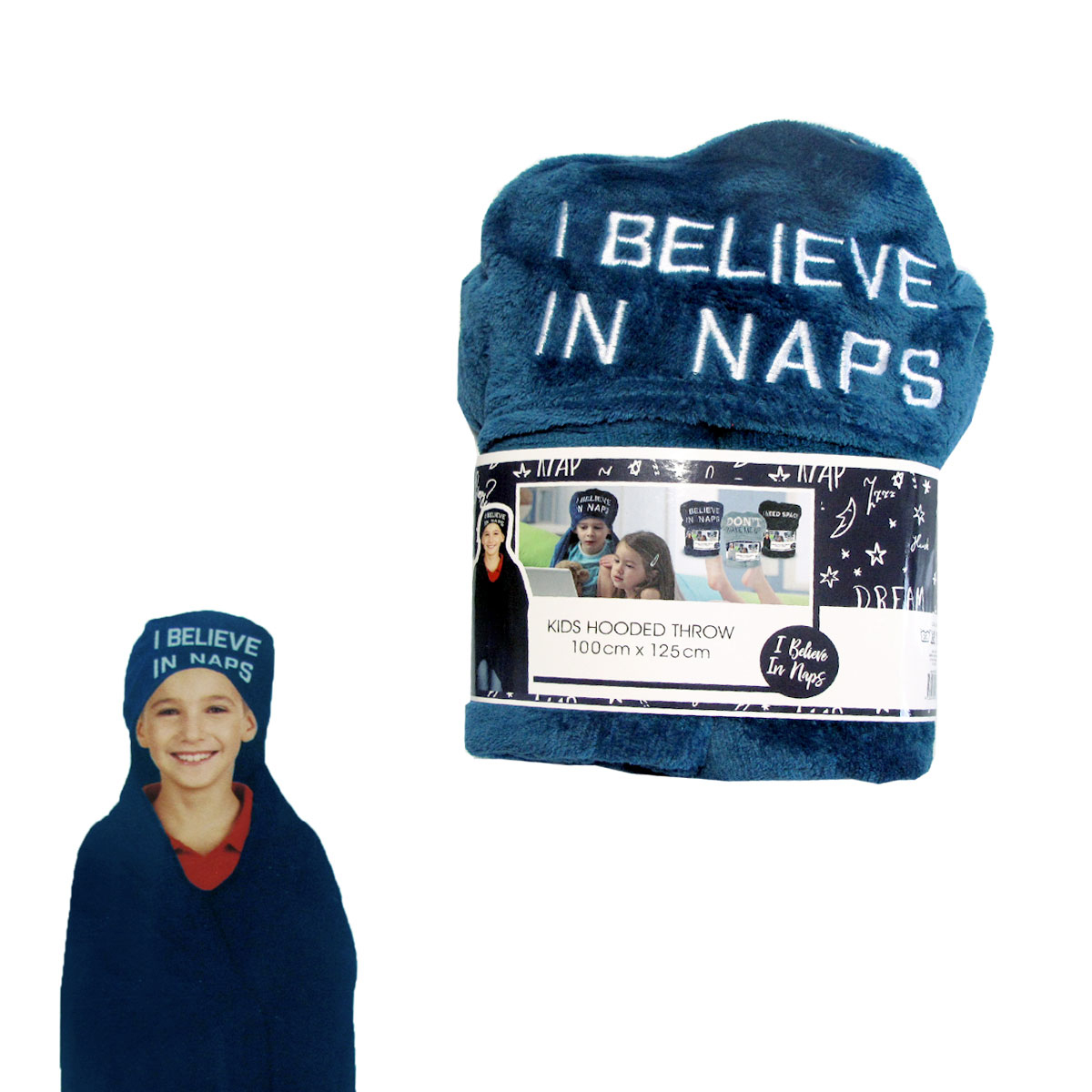 V442-BZO-THROW-EMBHOODNAPS-BLUE-RE-97819-00 Kids Embroidered Hooded Throw Rug 100 x 125cm Blue I Believe in Naps - Image 1