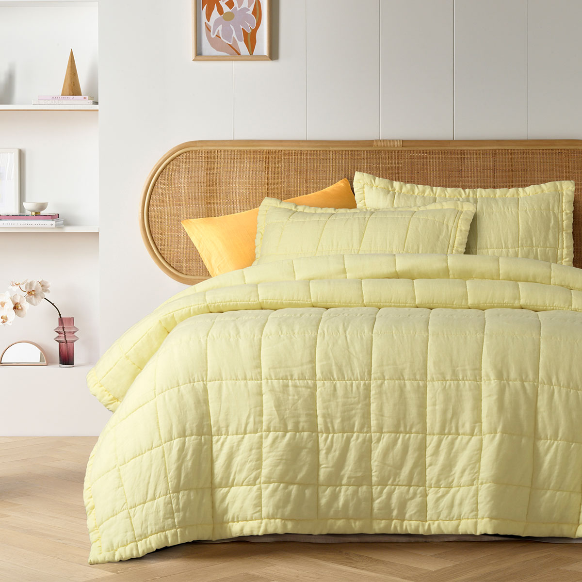 V442-HIN-COVERLETS-FRENCHLINEN-BUTTER-KI-83461-00 Vintage Design Homewares Butter French Linen Coverlet Set King - Image 1