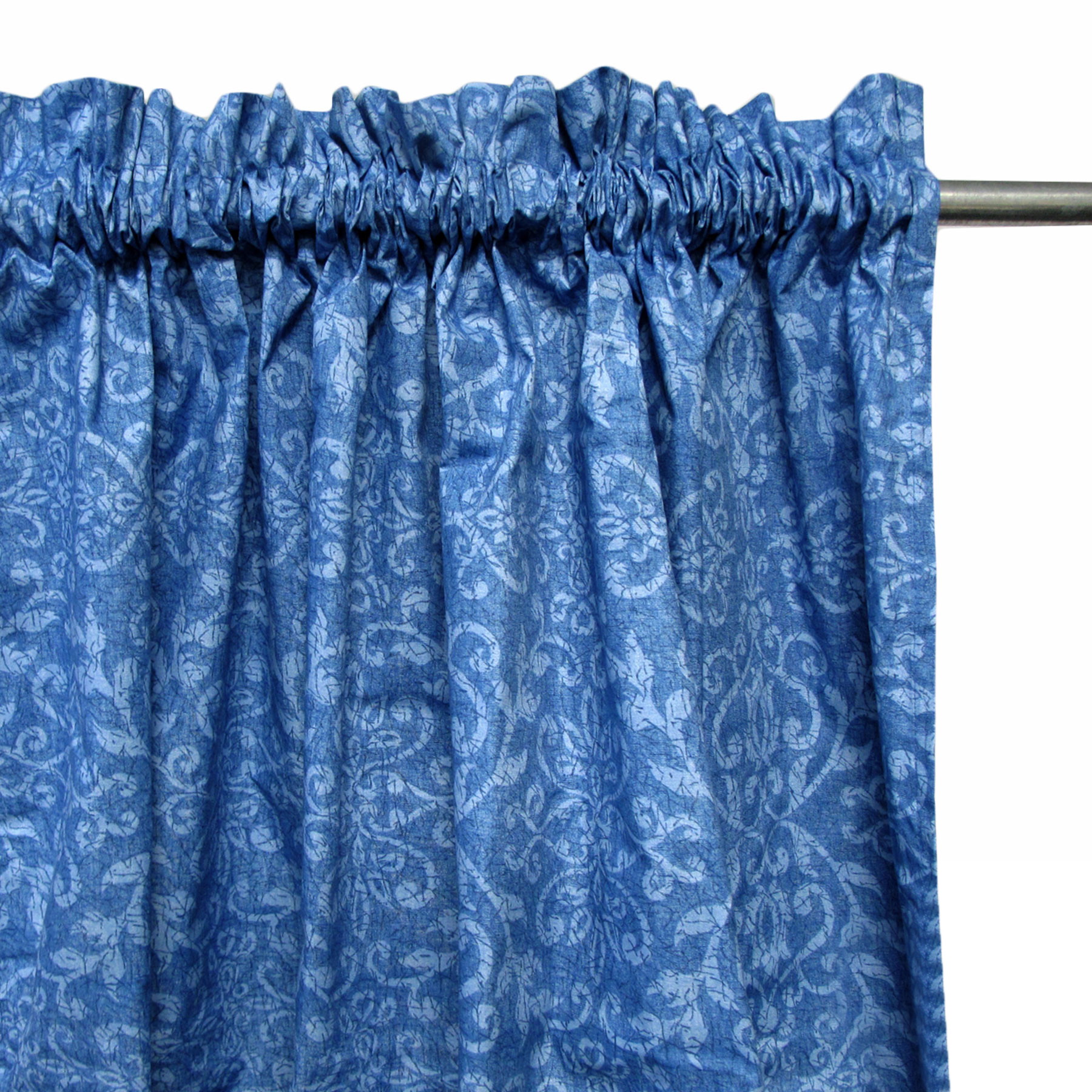 V442-HIN-CURTAIN-DAMASK-BLUE-RE-83223-00 Pair of Polyester Cotton Rod Pocket Blue Damask Curtains - Image 1