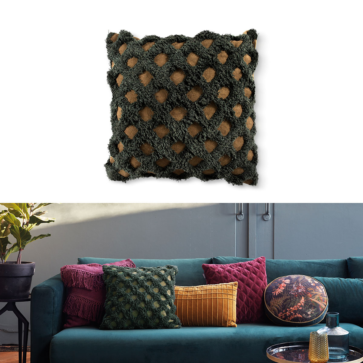 V442-HIN-CUSHION-BETULA-GREEN-SQ-82954-00 Bedding House Betula Green Filled Square Cushion - Image 1