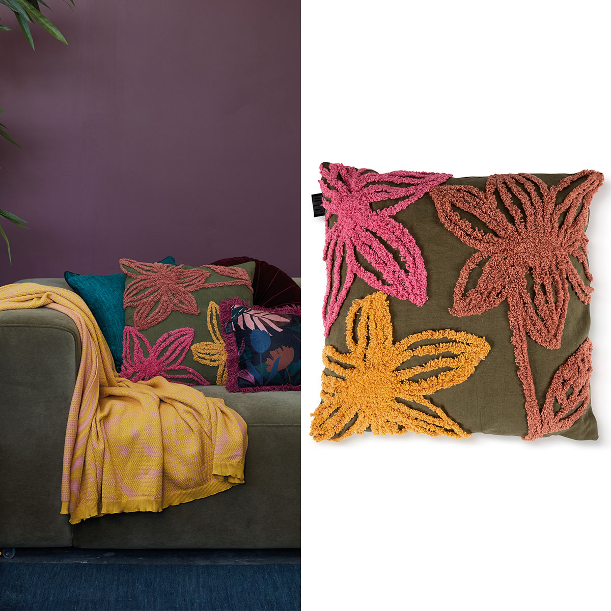 V442-HIN-CUSHION-POSY-OLIVE-SQ-82951-00 Bedding House Posy Olive Green Filled Square Cushion - Image 1