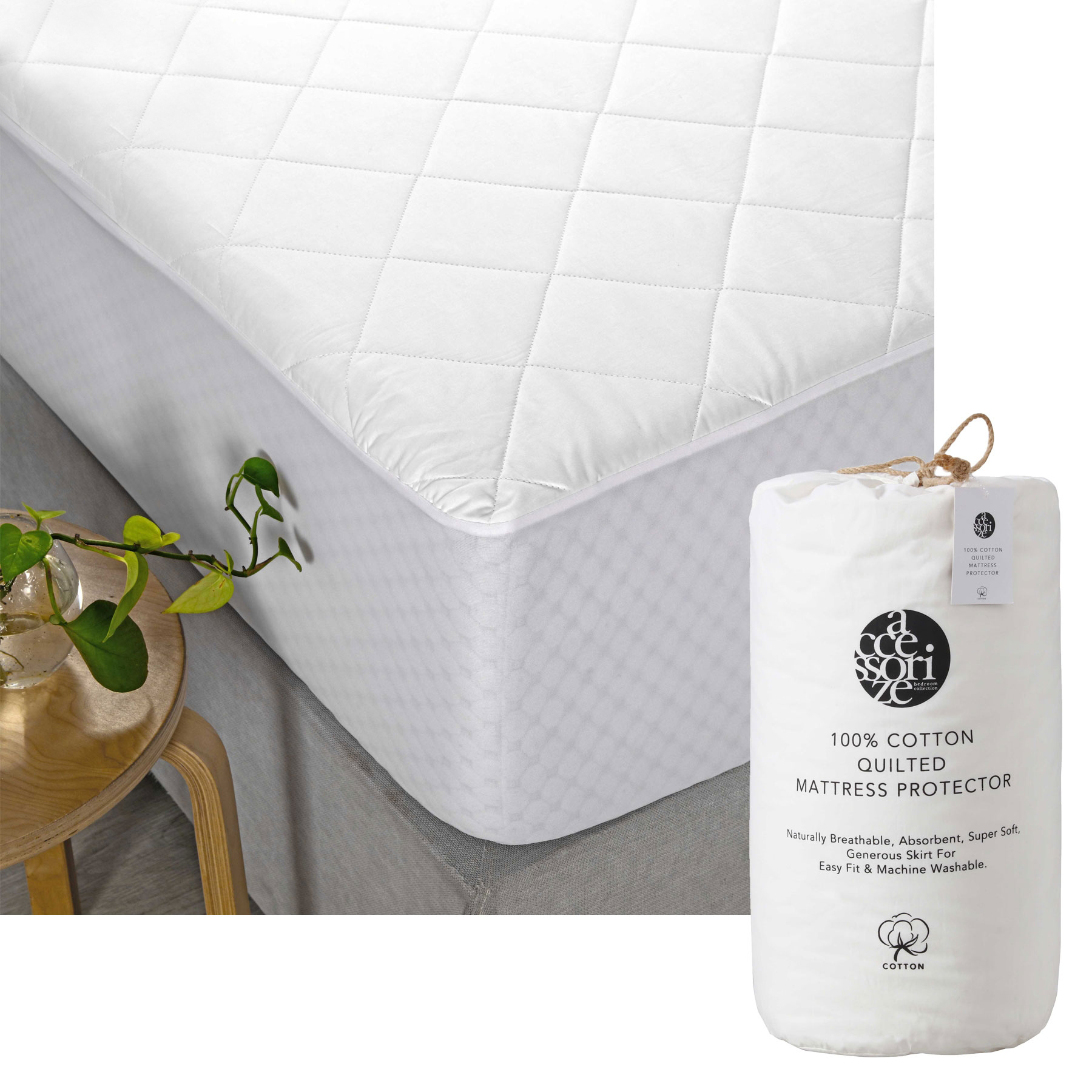 V442-HIN-MATTRESSP-COTTONQUILTED-WHITE-KI-82409-00 Accessorize Cotton Quilted Mattress Protector King - Image 1
