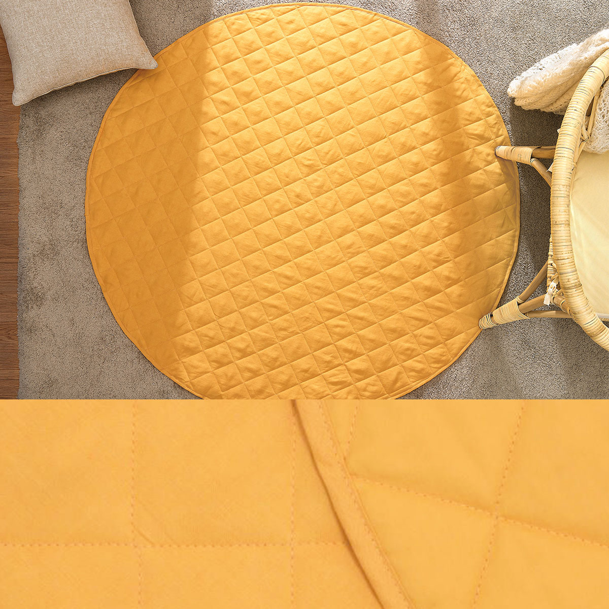 V442-HIN-MISC-BABYPLAYMAT-MARIGOLD-RD-83753-00 Little Gem Round Linen Cotton Baby Play Mat Marigold 130cm Diameter - Image 1